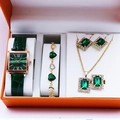 Square emerald quartz watch and gold jewelry set in orange gift box for women - Green Zirconia Set