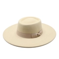 Beige wide brim wool fedora hat with a matching satin ribbon bow on white background - Beige