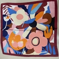 Square satin scarf featuring a vibrant colorful abstract floral print with deep red edges - Coffee-colored Sunflower Handkerchief / 65