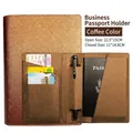 Brown cross-pattern PU leather passport holder with card slots and pen loop - Coffee
