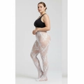 Detailed close-up of white floral lace pattern on elastic mesh stockings - Floral Mesh Style / White