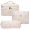 Pink quilted cotton cosmetic bag set with cute puppy patterns and three sizes - Starry White Rabbit