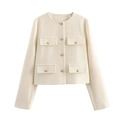 Women's cream tweed jacket with gold buttons and four pockets in a short-cut style - Off White