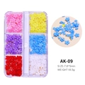 Close-up of 3D mixed color nail art flowers in a 6-grid box with size and weight detail - Mixed Colored Small Flowers 09 / 6 Grids Box
