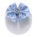 Elastic nylon baby headband with light blue satin bow and blue crystal gemstone centerpiece - Blue