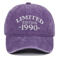Detail of white 1990 Limited Edition embroidery on purple washed cotton baseball cap - Adjustable / Purple