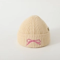 Berretto neonato in maglia a coste beige con ricamo a fiocco rosa e stile carino - Neonato circa 2-6 anni / Beige