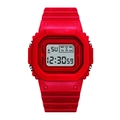 Detail of red square digital watch face showing LED display and function buttons - Red