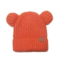 Close-up of vibrant orange knitted hat featuring a brown leather maple leaf tag - 50-54cm / Orange