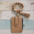 Beige PU leather card holder keychain with silicone bead wristlet and tassel - Khaki