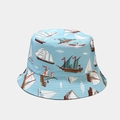 Detailed view of sun bucket hat featuring blue nautical prints with sailboats and clouds - Light Blue Nautical Sailing