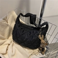 Black quilted puffer shoulder bag with a cute rabbit charm and adjustable strap - Pendant Style / Black (With Rabbit Pendant)