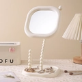 Elegant creamy white pearl-style desktop makeup mirror with jewelry storage tray base - Beige