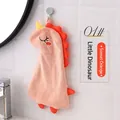 Hanging sunset orange coral fleece hand towel in cute dinosaur shape for kitchen and bath - Small Dinosaur / Sunset Orange