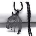 Unisex black stainless steel horse head pendant necklace with hollow design and metal chain - Black