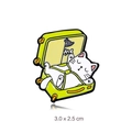 Enamel cat pin featuring white and gray cats inside a green suitcase, 3.0 x 2.5 cm size - Suitcase Cat