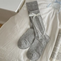 Sweet Lolita grey mid-calf socks with delicate white lace trim and satin bows - Grey Lace Bow