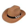 Stylish camel wool felt cowboy hat featuring elegant white pearls and flower details - 105-Khaki