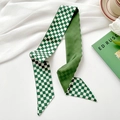 Green and white checkerboard skinny silk scarf hair tie with elegant satin finish - Checkerboard Green