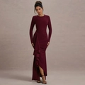 Slim fit burgundy long sleeve dress with ruffle waist and asymmetric slit hemline - S / Burgundy