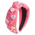 Pink knotted fabric headband with rhinestones and heart-shaped candy charms - 2# Watermelon Red (Heart Candy Decor)