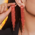 Elegant long red rhinestone tassel earrings with geometric square studs for women - Red Geometric Square Top Tassel