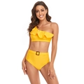 Two-piece ginger yellow bikini with one-shoulder ruffled top and high-waisted belted bottom - S / Yellow