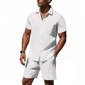 Ensemble d'été en lin pour homme avec rayures verticales blanches et grises, chemise et short - S / Blanc