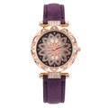Elegante Roségold-Quarzuhr mit lila Lederarmband und Strass-Blumenzifferblatt für Damen - Lila