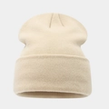 Detail of beige fine knit beanie showing high-elasticity texture and folded wide brim edge - One Size / Beige