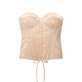 Close-up of champagne satin corset top featuring structural boning and hem lace-up ties - S / Champagne