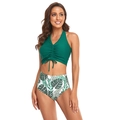 Two-piece dark green halter bikini set with high-waisted tropical leaf print bottoms - L / Green