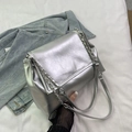 Silver large capacity hobo shoulder bag with metal chain strap and soft pleated PU leather - Silver