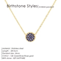 Stainless steel birthstone necklace with 8mm round blue sapphire crystal in gold finish - September Royal Blue (Sapphire Color)