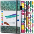 Detailed view of glitter green weekly planner with non-dated pages and colorful stickers - Notebook + 6 Sheets Stickers / Space Gray