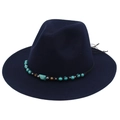 Detail of navy blue felt fedora with ethnic band featuring turquoise and metallic beads - M (56-58cm) / Navy Blue