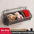 Gunmetal grey three-slot metal mesh kitchen wall rack for onion and garlic storage - 3 Grids Single Layer / Gun Grey