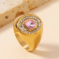 Gold plated signet ring featuring square pink gemstone surrounded by diamonds - 6 / Gold (Micro-Pave + Pink Gemstone)