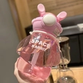 Pink rabbit shaped high-capacity water bottle with straw and Space Rabbit print - 800ml Pink Lightning Rabbit Style