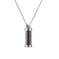 Detail of a fillable cylinder pendant necklace with dark red stones and ornate silver caps - Garnet Gravel