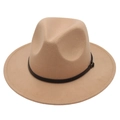 Chapeau fedora kaki classique à large bord avec bandeau en cuir noir et boucle dorée - Bord Plat pour Enfants (54cm) / Camel