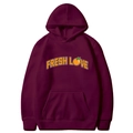 Men's burgundy hoodie featuring Fresh Love graphic and orange print on high-quality knit - Burgundy