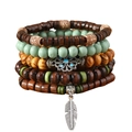 Detail of bohemian multilayer beaded bracelet with wood beads and feather charm - Cyan Log Feather Style (47)