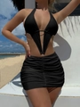 Detail of black cutout swimsuit featuring golden metal ring and pleated hem texture - S / Black