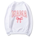 White Mama Est 2025 hoodie with pink bow graphics and MAMA print for Mother's Day - S / White Slogan