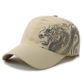 Beige quick-dry baseball cap with black dragon print and breathable mesh fabric - Adjustable / Khaki
