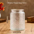 Retro pattern 700ml glass storage jar with bamboo lid and 13.4cm height - Window Grille Pattern / 700ml