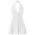 Detailed view of white sleeveless halter dress featuring lapel collar and pleated hemline - S / White