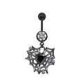 Detail of black spider web belly ring featuring a black heart gem and white crystals - Spider Web Heart Black Gem