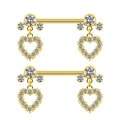 Pair of gold heart-shaped nipple rings with sparkling zircon crystals on white background - Gold Heart Style